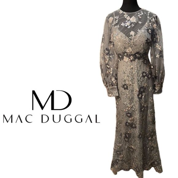 Mac Duggal 67936 Platinum Embroidered Flower Jewel Illusion Bishop Sleeve Gown 4 - Picture 1 of 16